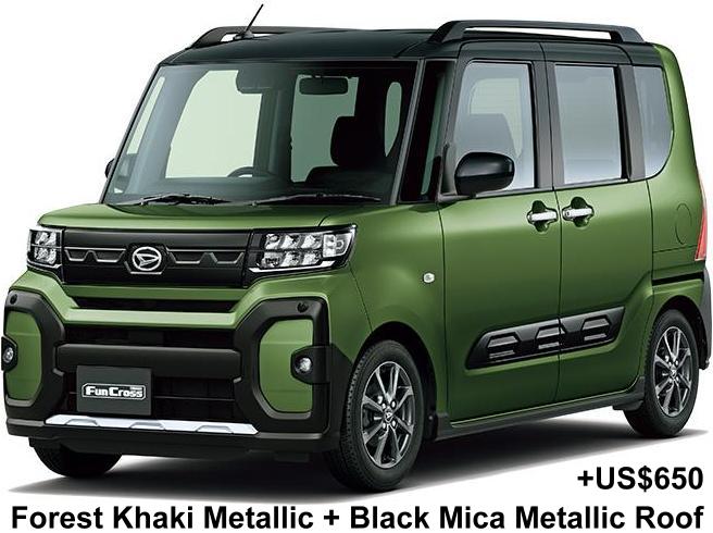 New Daihatsu Tanto Funcross body color: Forest Khaki Metallic + Black Mica Metallic Roof +US$650
