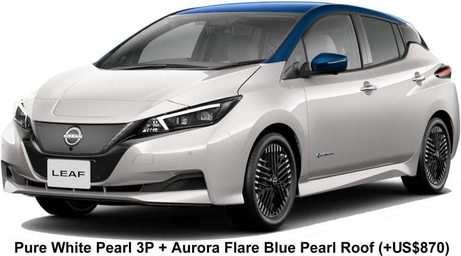 New Nissan Leaf body color: Pure White Pearl 3P + Aurora Flare Blue Pearl Roof (option color +US$870)