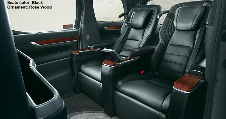 New Toyota Alphard Royal lounge interior photo: Black Seats + Rose Wood Ornament