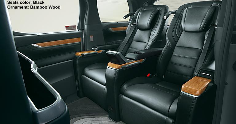 New Toyota Alphard Royal lounge interior photo: Black Seats + Bamboo Wood Ornament