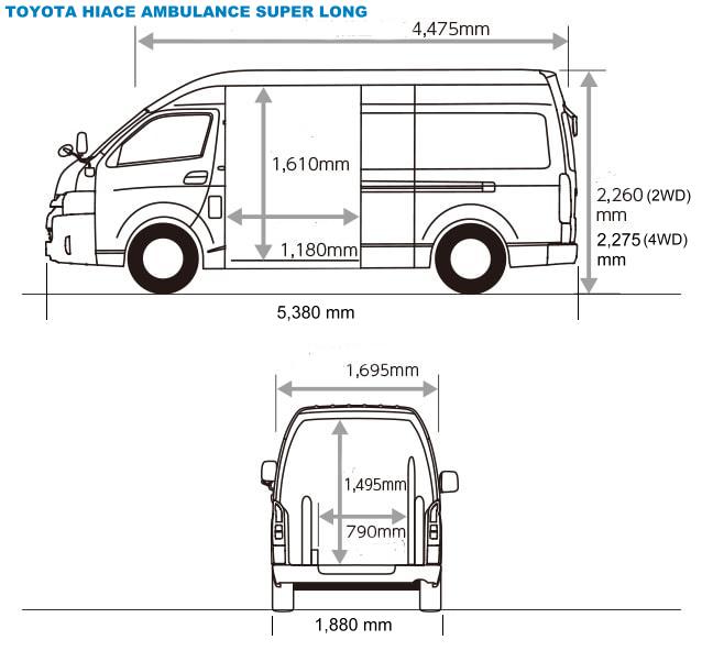 Toyota Hiace Ambulance photo: Body size and capacity (Super Long Body)