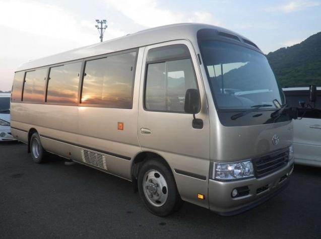 Used Toyota Coaster Bus photo: 2015 model Gold color - Front view