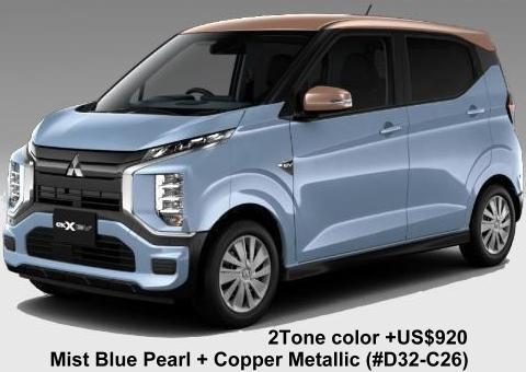 New Mitsubishi EK-X EV body color: Mist Blue Pearl + Copper Metallic (#D32-C26) 2Tone color +US$920